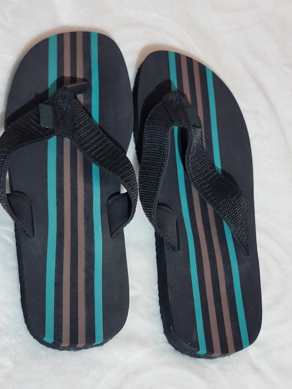 Men's Black Flip Flops with Teal & Brown Stripes